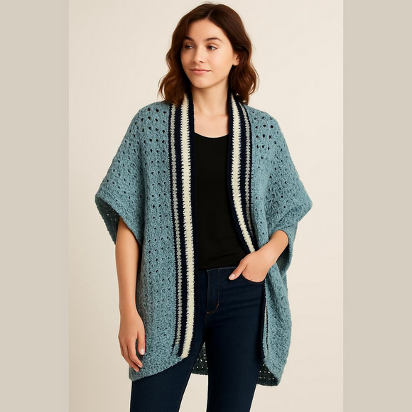 Handmade Sweaters - Hand crocheted handmade OSFM blue striped open cardigan cottagecore